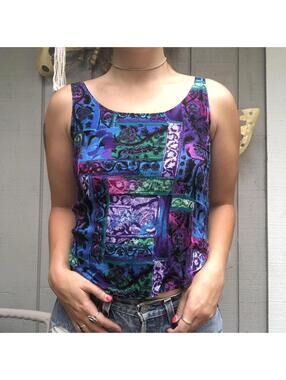 Vintage 90s Satin Purple Blue Blouse Top Judy Knapp S Retro Alt Hippie Festival